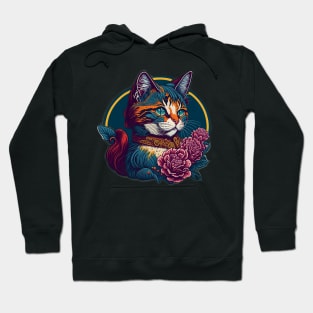 Paws and Petals: Charming Cartoon Cat in a Collar and Floral Finery Hoodie